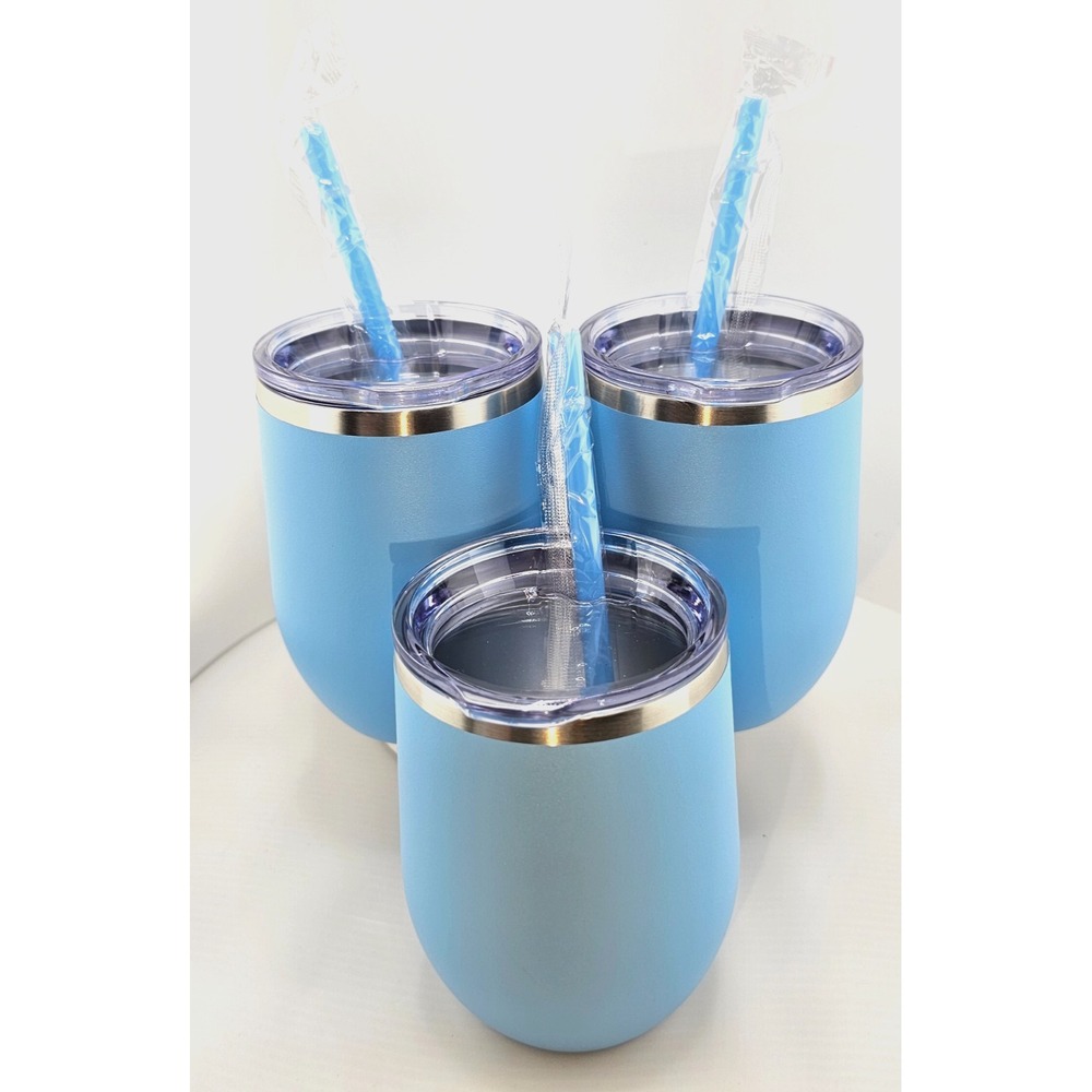 Lot of 3 Insulated Stainless Steel Stemless Wine Glass Tumblers 12oz Blue